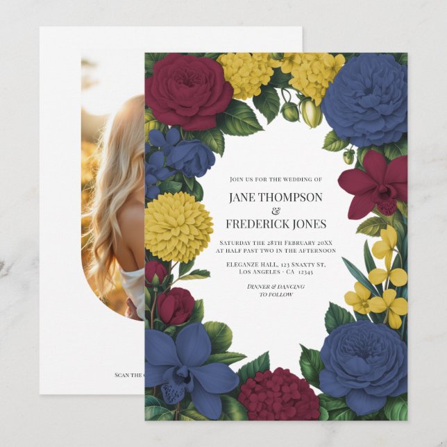 Burgundy, Navy & Guld Blommig Bröllop Inbjudningar (Fram/baksida)