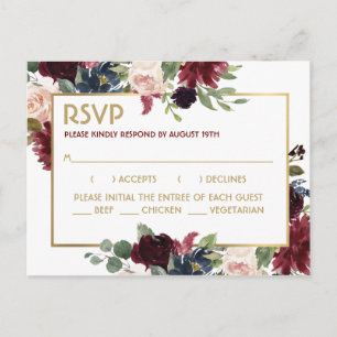 Burgundy Navy Guld Bouquet Bröllop Response OSA Vykort