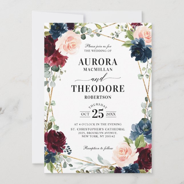 Burgundy Navy  Guld Geometric QR Code Bröllop Inbjudningar (Framsida)