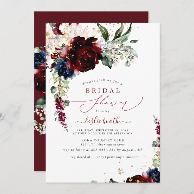 Burgundy  Navy H2 Peonies Möhippa Inbjudningar (Fram/baksida)