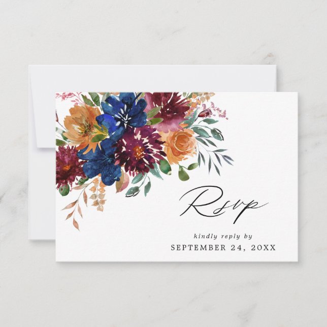 Burgundy & Navy Höstblomma med måltids RSVP-kort OSA Kort (Framsida)