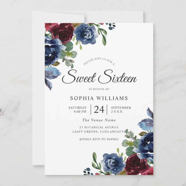 Burgundy & Navy Indigo Flowers Sweet 16 Inbjudningar (Framsida)