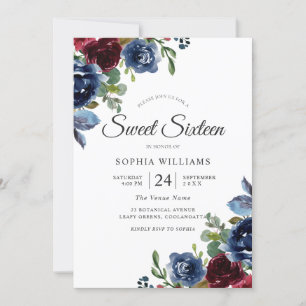 Burgundy & Navy Indigo Flowers Sweet 16 Inbjudningar