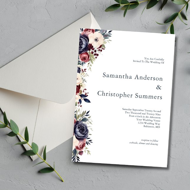 Burgundy Navy Kräm Blommig Akvarell Bröllop Inbjudningar (Burgundy Navy Cream Watercolor Floral Elegant Modern Wedding Invitation)