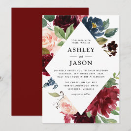 Burgundy Navy och  Blommigt Geometric Bröllop Inbjudningar