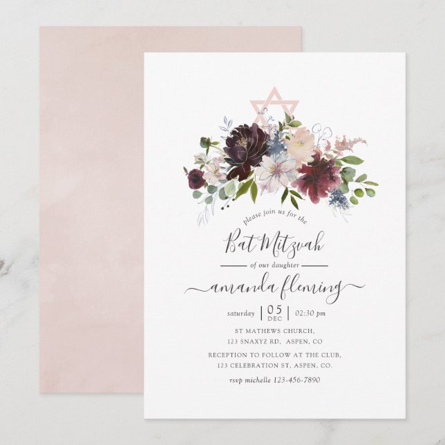 Burgundy, Navy och Blush Bat Mitzvah Inbjudningar (Fram/baksida)