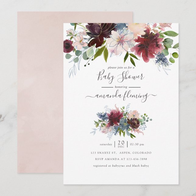 Burgundy, Navy och Blush Blommig Bebis Shower Inbjudningar (Fram/baksida)