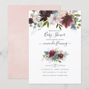 Burgundy, Navy och Blush Blommig Bebis Shower Inbjudningar