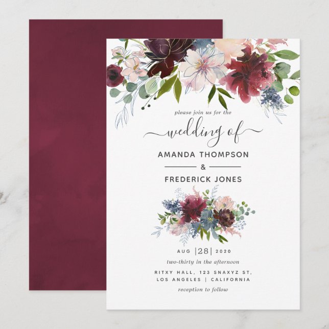 Burgundy, Navy och Blush Blommig Bröllop Inbjudningar (Fram/baksida)