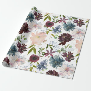 Burgundy, Navy och Blush Blommig Presentpapper