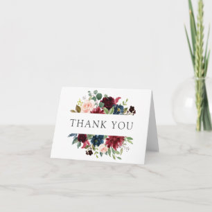 Burgundy Navy och Blush Blommig Tack Kort