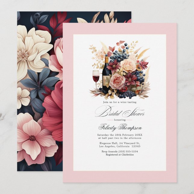 Burgundy, Navy och Blush Blommig Vin Bröllopsfest Inbjudningar (Fram/baksida)