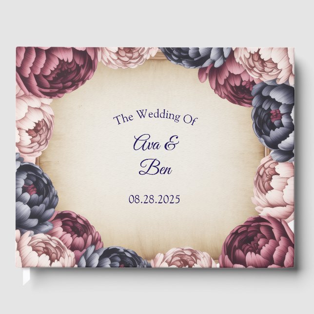 Burgundy Navy och  Peony Bröllop Blommigt Gästböcker (Framsida)