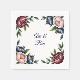 Burgundy Navy och  Peony Bröllop Blommigt Pappersservett