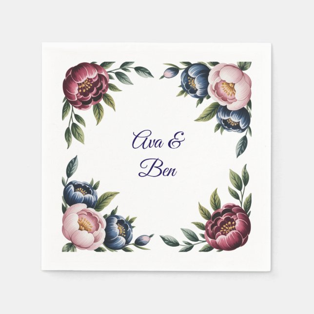 Burgundy Navy och  Peony Bröllop Blommigt Pappersservett (Framsidan)