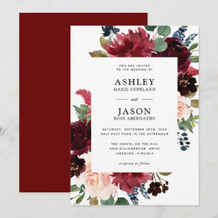 Burgundy Navy och Watercolor Blommigt Bröllop Inbjudningar