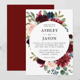 Burgundy Navy och  Watercolor Blommigt Bröllop Inbjudningar