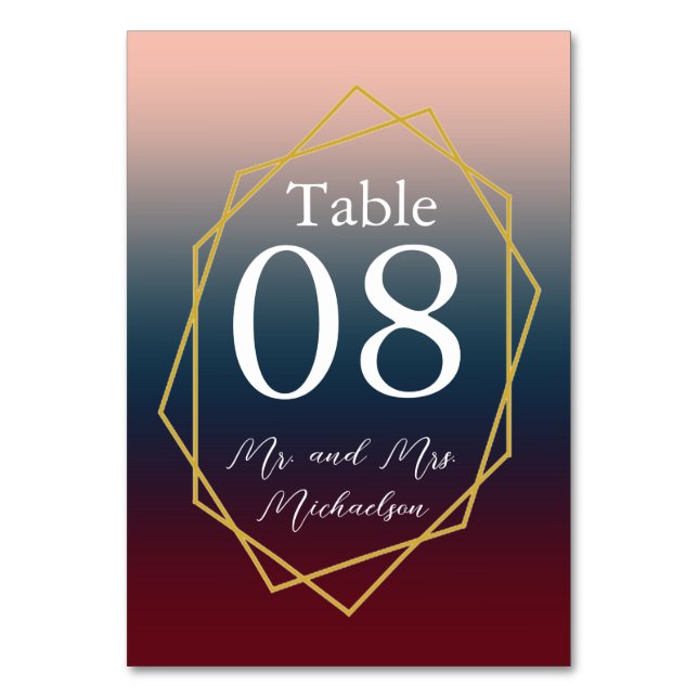 Burgundy Navy  Ombre Geometric Bröllop Bordsnummer (Framsidan)