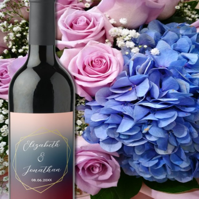 Burgundy Navy  Ombre Geometric Bröllop Vinflaska Etikett (Skapare uppladdad)