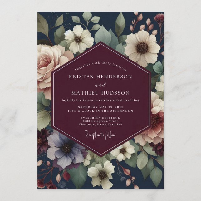 Burgundy Navy Painterly Bloom Wedding Inbjudningar (Framsida)