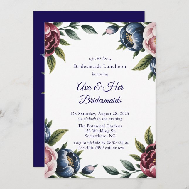 Burgundy Navy  Peony Bridesmaids Luncheon Inbjudningar (Fram/baksida)