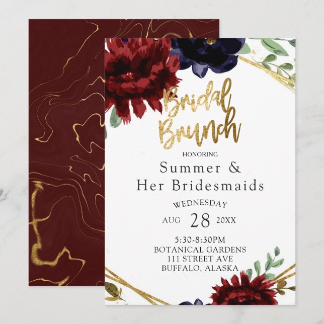 Burgundy Navy Peony Guld Bridesmaids Luncheon Inbjudningar (Fram/baksida)