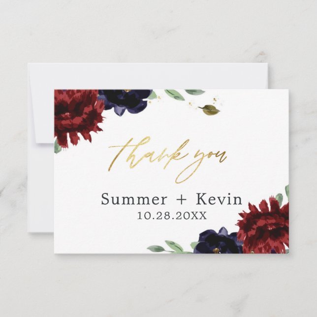 Burgundy Navy Peony Guld Bröllop Tack (Framsida)