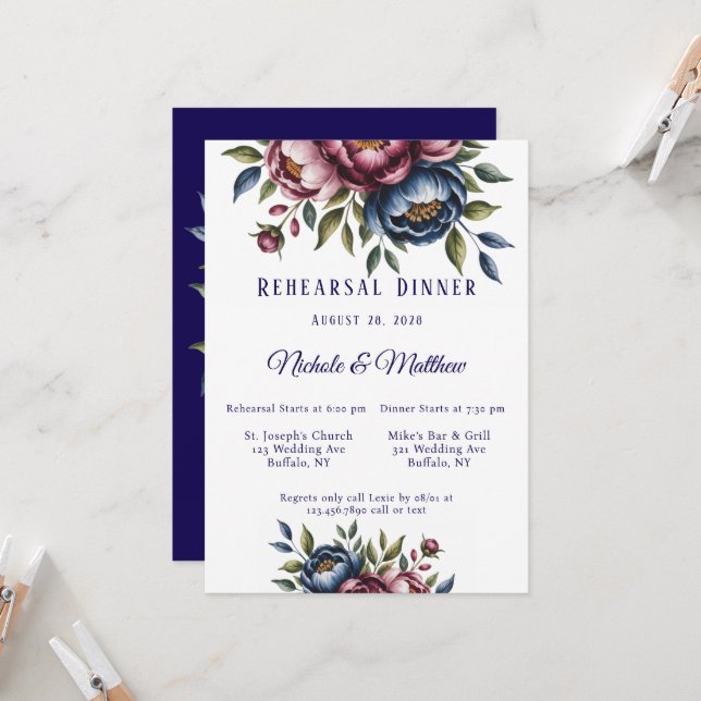 Burgundy Navy &  Peony Rehearsal Dinner Inbjudningar (Fram/Back In Situ)