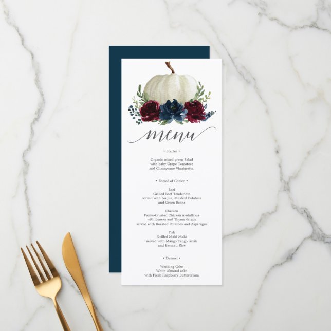 Burgundy Navy Pumpkin Fall Wedding Menu Meny (Fram/Back In Situ)