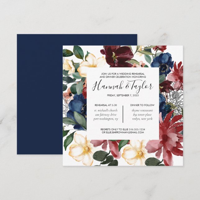 Burgundy Navy Rehearsal Dinner Call Inbjudningar (Fram/baksida)