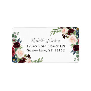 Burgundy & Navy Rosa Blommigt 2 Returadressetikett Adressetikett