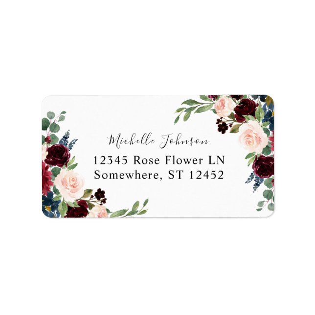 Burgundy & Navy Rosa Blommigt 2 Returadressetikett Adressetikett (Framsidan)