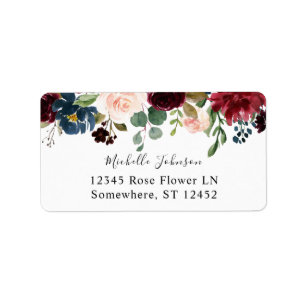 Burgundy & Navy Rosa Blommigt 3 Returadressetikett Adressetikett