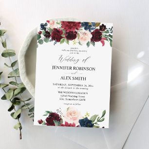 Burgundy & Navy, Rosa Blommigt Bröllop 2 Invit Inbjudningar