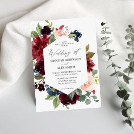 Burgundy & Navy, Rosa Blommigt Bröllop Inbjudningar