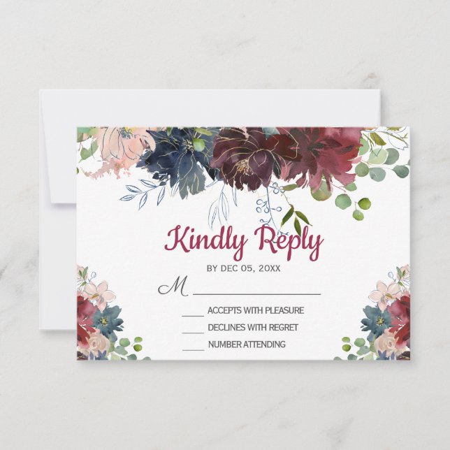 Burgundy Navy Rosa Blommigt Bröllop OSA Card Kort (Framsida)