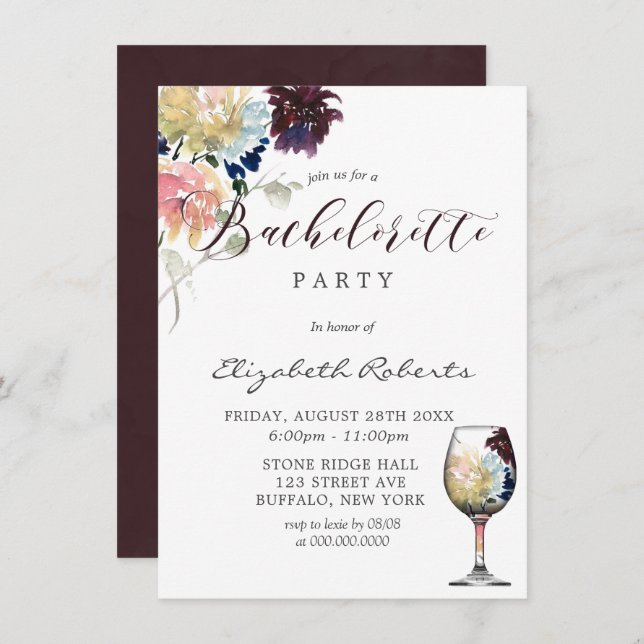 Burgundy Navy  Rosa Peony Bachelorette Party Inbjudningar (Fram/baksida)