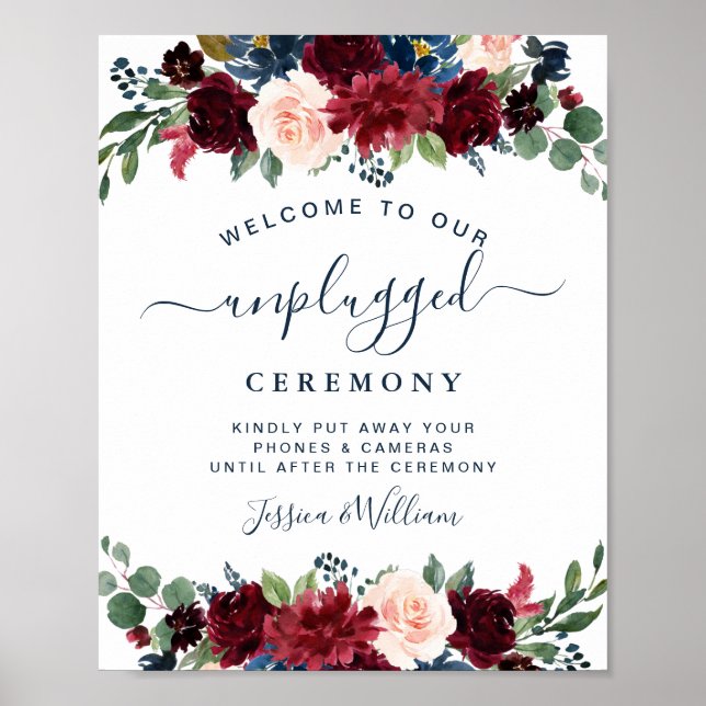 Burgundy Navy  Unplugged Bröllop Ceremony Poster (Framsidan)