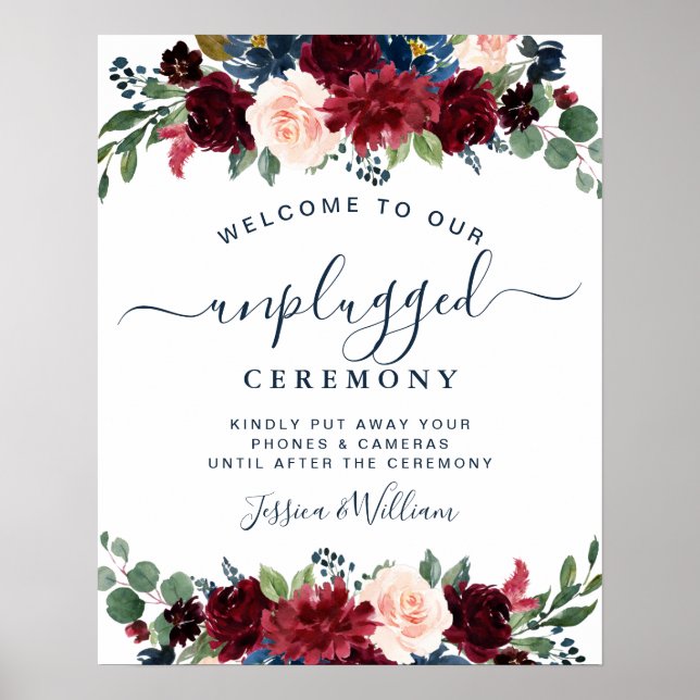 Burgundy Navy  Unplugged Bröllop Ceremony Poster (Framsidan)