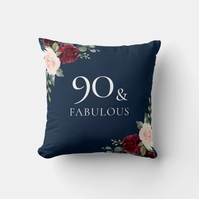 Burgundy & Navy,  Watercolor 90:e Birthday Kudde (Framsida)