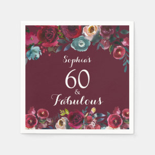 Burgundy Navy Watercolor Blommigt 60:e födelsedage Pappersservett