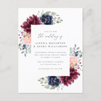 Burgundy & Navy Watercolor Blommigt Corners Bröllo Inbjudan Vykort
