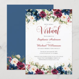 Burgundy Navy Watercolor Blommigt Virtuellare Bröl Inbjudningar