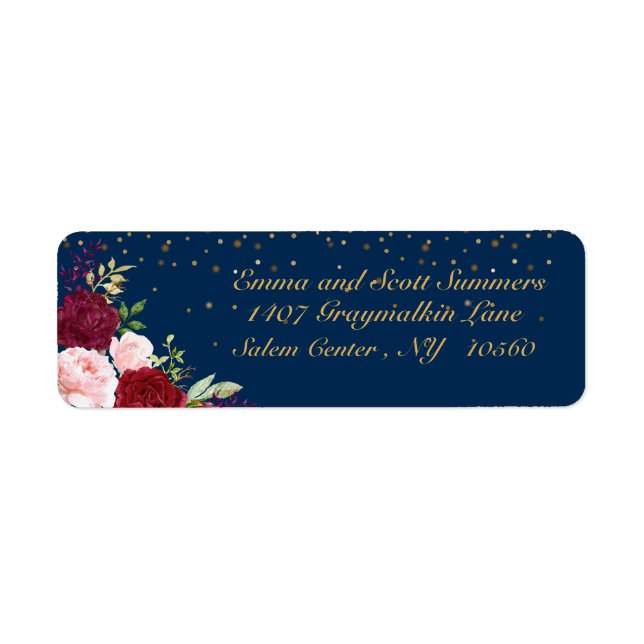 Burgundy Navy Watercolor Flower Address Label Guld Returadress Etikett (Framsidan)