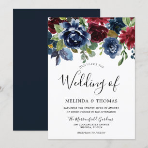 Burgundy & Navy Watercolor Flowers Fall bröllop Inbjudningar
