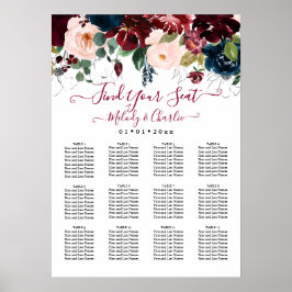 BURGUNDY NAVY WATERCOLOR FLOWERS SEATCHART POSTER