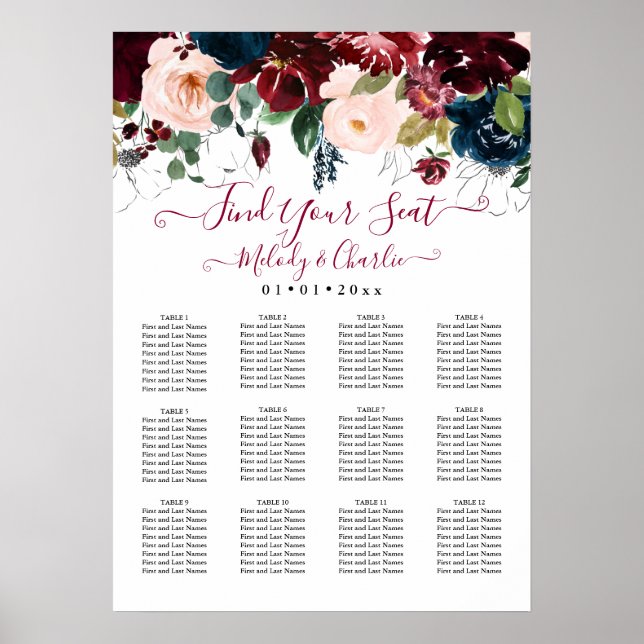 BURGUNDY NAVY WATERCOLOR FLOWERS SEATCHART POSTER (Framsidan)