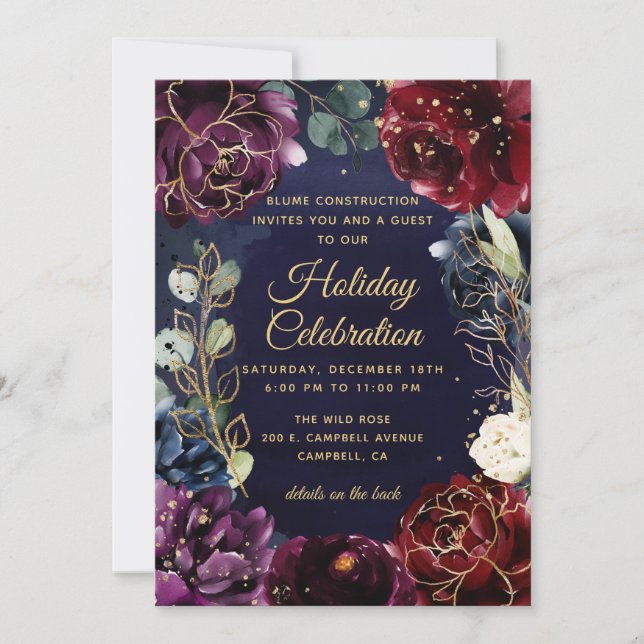 Burgundy Navy Wedding Gold Inbjudningar (Framsida)