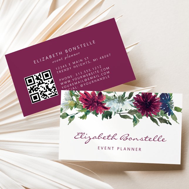 Burgundy Navyblå Akvarell Blommig QR-kod Visitkort (Skapare uppladdad)