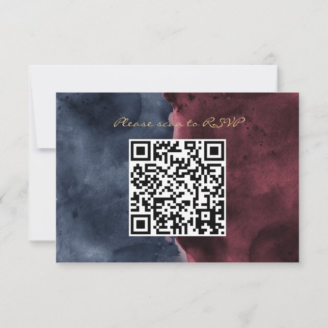 Burgundy & Navyblå Akvarell QR-kod RSVP OSA Kort (Baksida)